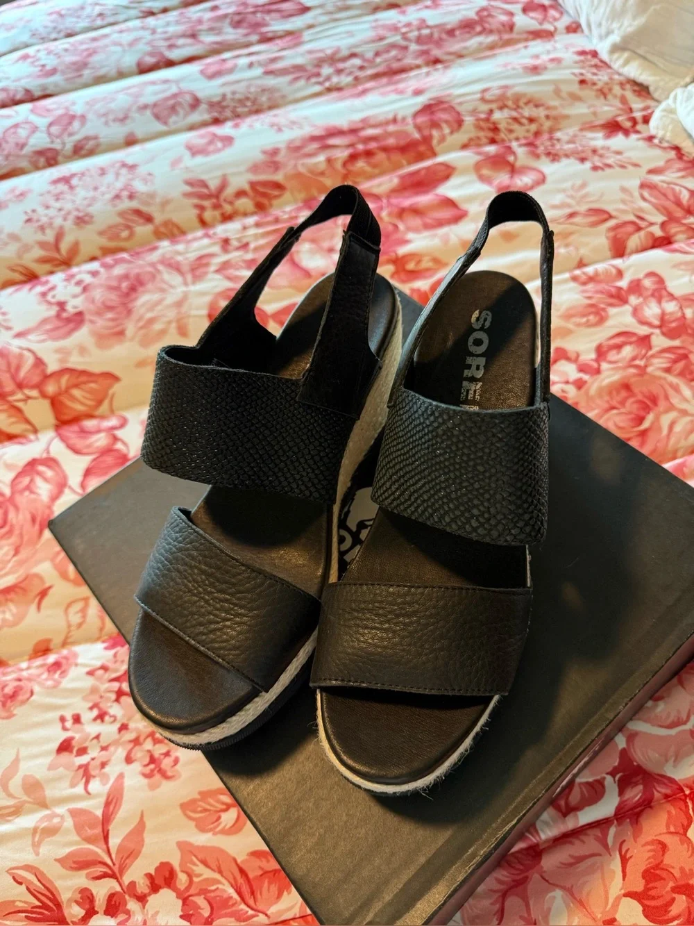 Sorel Black Open-Toe Slingback Wedge Sandals